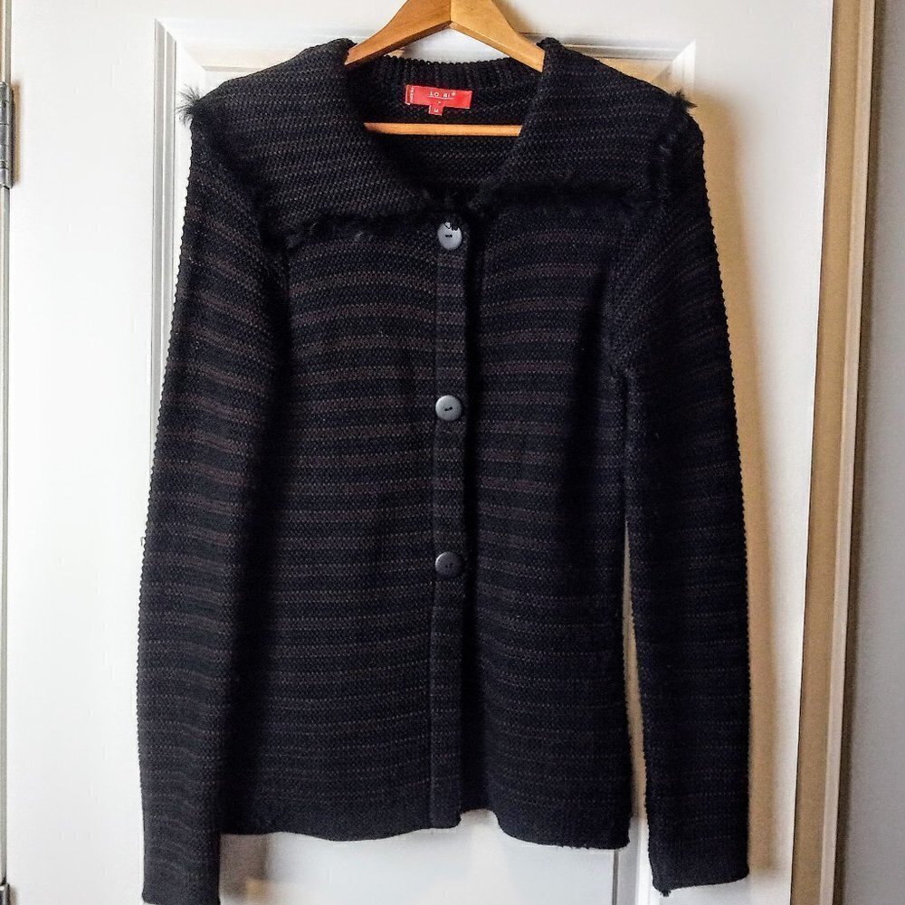 Lo Ri Black Brown Stripe Faux Fur Trim Cardigan